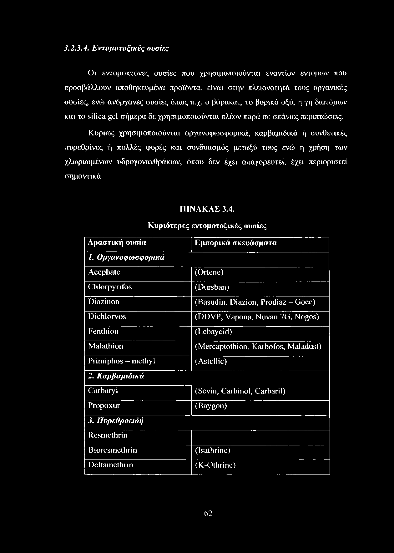 Κυρίως χρησιμοποιούνται οργανοφωσφορικά, καρβαμιδικά ή συνθετικές πυρεθρίνες ή πολλές φορές και συνδυασμός μεταξύ τους ενώ η χρήση των χλωριωμένων υδρογονανθράκων, όπου δεν έχει απαγορευτεί, έχει