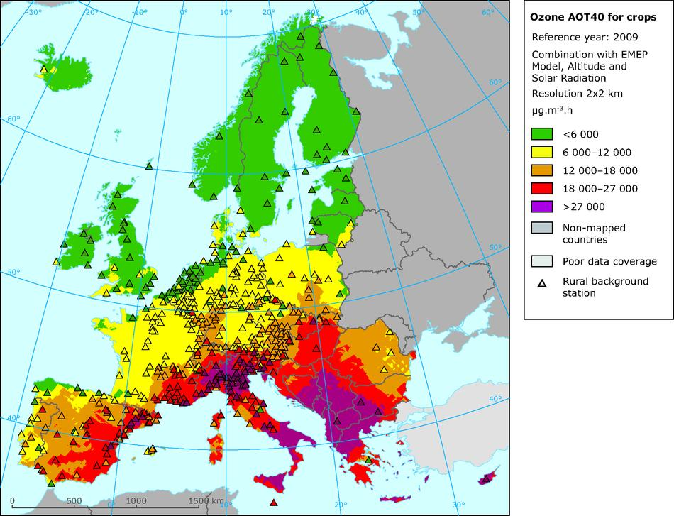 Δείκτης ΑΟΤ40 για καλλιέργειες Rural concentration map of the ozone indicator AOT40 for crops, year 2009 (Πηγή: