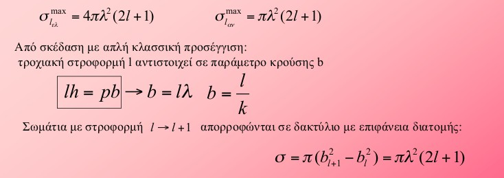 Μερικές, αλλά ενδιαφέρουσες, περιπτώσεις σ ε λ =4π ƛ 2 2 1 [ n ei2δ n=1: σ ]2 ε λ=4π ƛ 2 2 1 sin 2 δ Για συγκεκριμένη στροφορμή, όταν δ = π/2, τότε έχω max.
