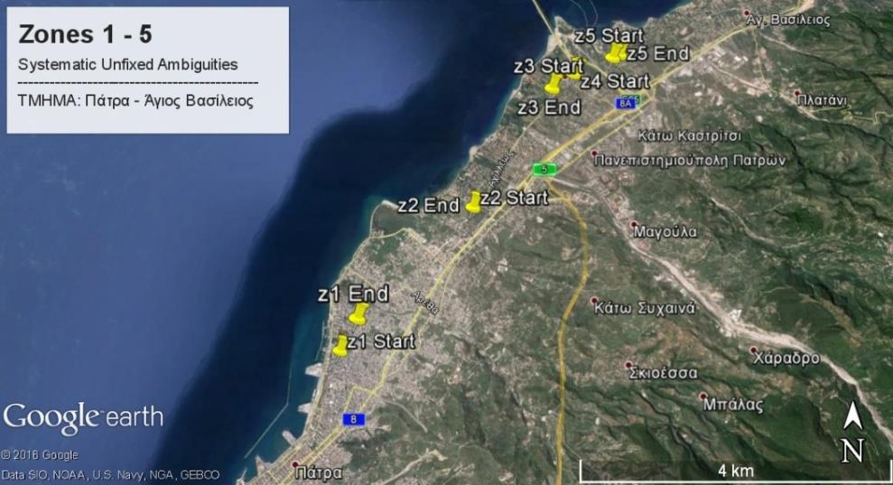 Οι ζώνες συστηματικής αδυναμίας επίλυσης του 100 % των αβεβαιοτήτων των μετρήσεων GPS τοποθετούνται στο χάρτη της Εικ. 5.3 με χρήση του λογισμικού Google Earth Pro. Εικόνα 5.