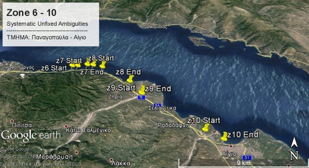 Εικόνα 5.28 Χάρτης της διαδρομής Παναγοπούλα-Αίγιο με σημειωμένες τις ζώνες 6 έως 10 του Σχ. 5.29, όπου εμφανίζεται συστηματική αδυναμία επίλυσης του 100 % των αβεβαιοτήτων των μετρήσεων GPS.