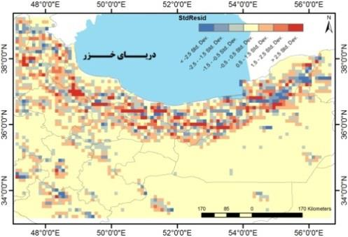 الف( انحراف معيار خطای باقيماندة دماي سطحي موديس با دماي سطحي برآورد رده در روش كوكريجينگ ب( انحراف معيار خطای