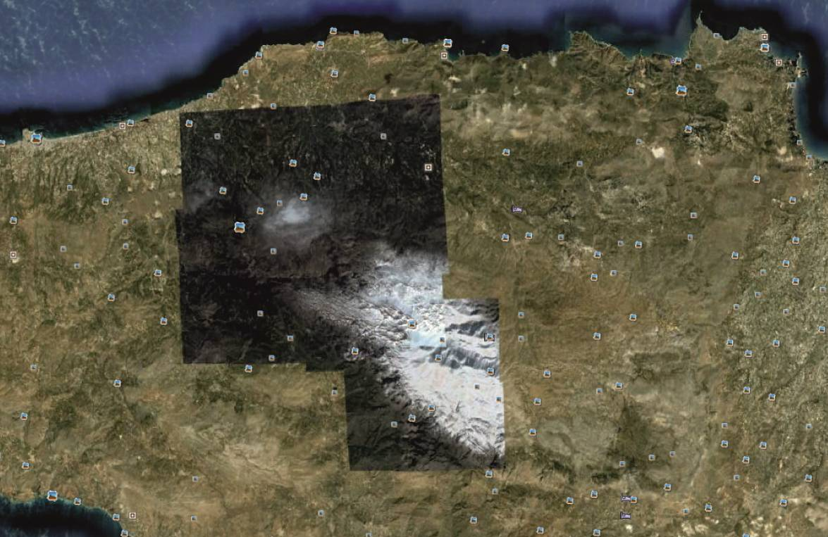 Σχήμα 2.1 Εικόνα της ευρύτερης περιοχής Σίσσες-Αλόιδες (από google earth) Η ζώνη της Τρίπολης εμφανίζεται επωθημένη στην παρααυτόχθoνη σειρά της Ίδης.
