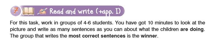 200 for description, Present Continuous, Present Simple vs Present Continuous, imperative, can/can t, must/mustn t, countable/uncountable nouns, some, a/an, Wh-questions.