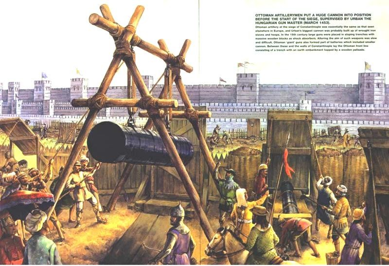 Άλωση της Πόλης από τους Τούρκους 1453 Το μεγάλο τουρκικό κανόνι που είχε παραγγείλει ο Μωάμεθ στον Ούγγρο μηχανικό Ουρβανό, η μπομπάρδα, τοποθετήθηκε