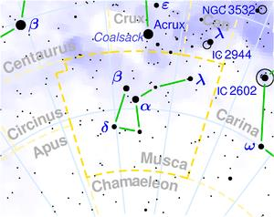 Μυία Musca Είναι αστερισμός που σημειώθηκε πρώτη φορά το 1603, από τους Keyser και Houtman στην Ουρανομετρία τους, και είναι ένας από τους 88 επίσημους αστερισμούς που θέσπισε η Διεθνής Αστρονομική