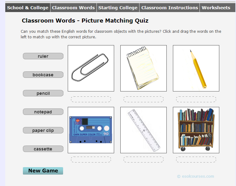 ΚΕΦΑΛΑΙΟ 1: Εικόνα 22: Esol Courses - Classroom Words - Picture Matching Quiz Σε αυτή την εφαρμογή ο παίκτης αφού έχει μελετήσει σε στατικές εικόνες τις αντίστοιχες ονομασίες διαφόρων αντικειμένων,
