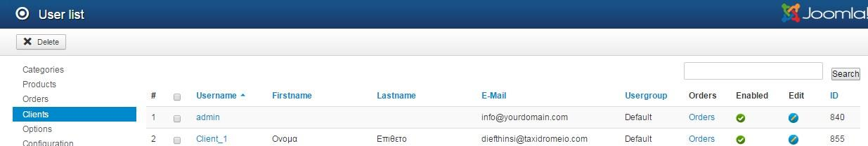 6.2.10 Joomshopping - Πελάτες Στην καρτέλα Clients εμφανίζονται όλοι οι πελάτες (εγγεγραμένοι χρήστες που έχουν