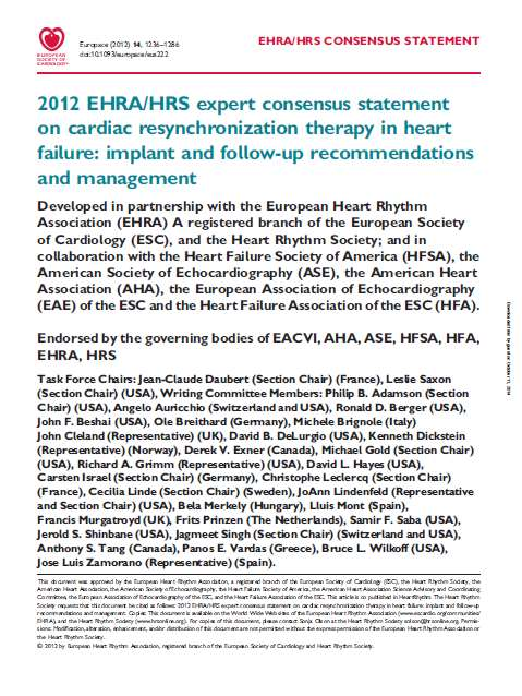 EHRA/HRS expert consensus document of CRT follow up 2012 For patients with CRT-D devices who experience complete reverse remodelling with CRT and do not receive a shock, downgrading to a CRT-P