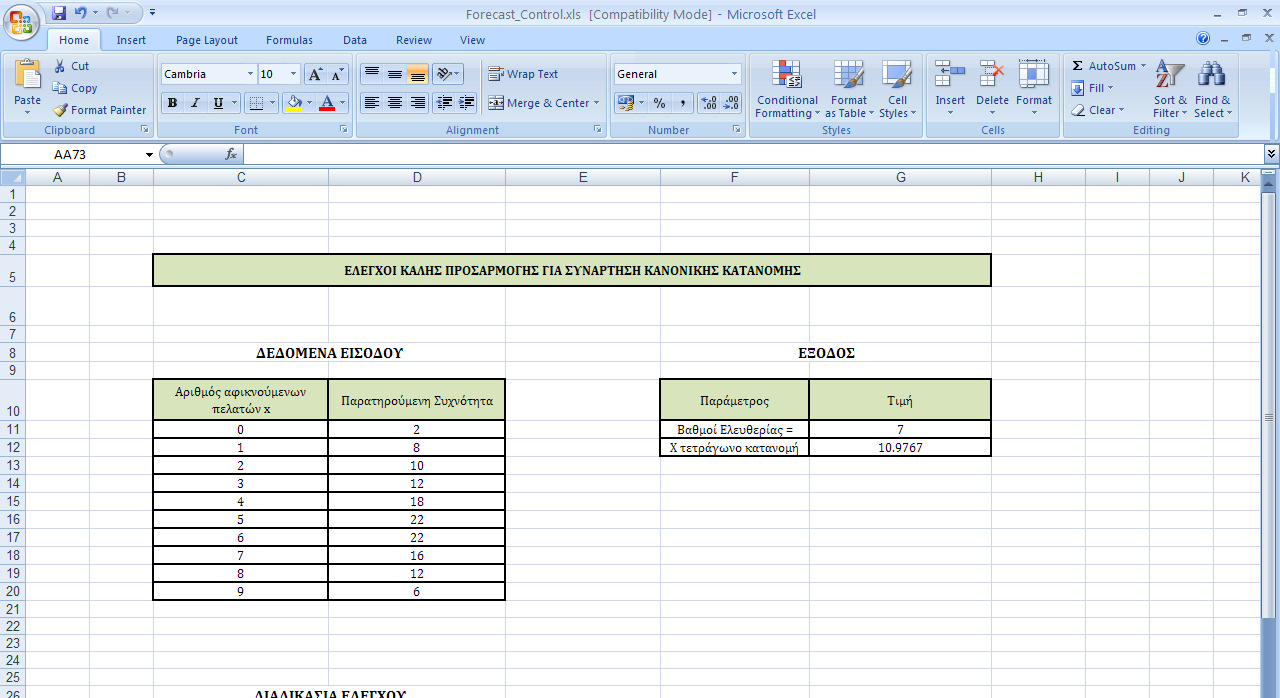=COUNT(D49:D57)- 2 =SUM(H49:H57) =C11*D1 =ROUND((POWER($D$42,E31)*E XP(-$D$42))/FACT(E31),4)