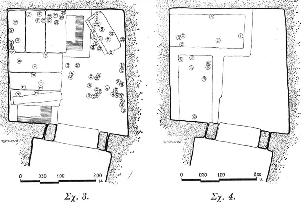 250 Κατερίνα Τζαναβάρη Από τα κτερίσματα όρισμένα βρέθηκαν στο έσωτερικό τών θηκών, κα θώς καί έπάνω στις καλυπτήριες πλάκες. Τά περισσότερα όμως άπό αυτά βρέθηκαν στο δάπεδο του θαλάμου (σχ. 3).