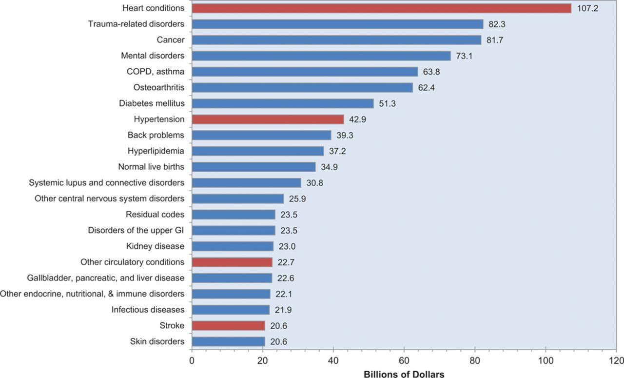 The 22 leading diagnoses for direct health expenditures, United States, 2010 (in billions of dollars).
