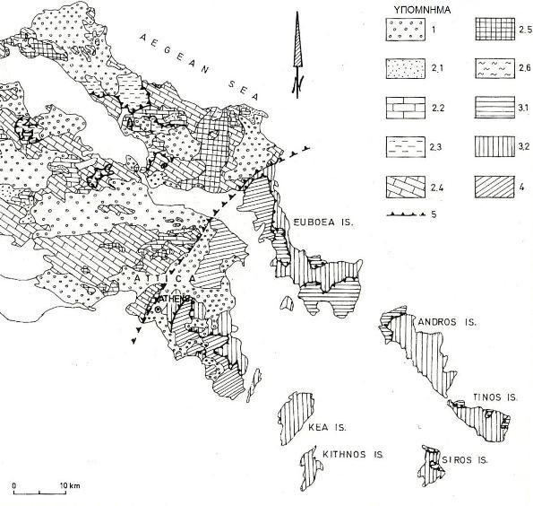 Σχήμα 2.2: Γεωλογικός χάρτης της Εύβοιας, της Αττικής και των Βορείων Κυκλάδων (Κατά Κατσικάτσο, 1986). Υπόμνημα: 1. Μετααλπικοί σχηματισμοί, 2.1. Φλύσχης, 2.2. Ασβεστόλιθοι του Ανώτερου Κρητιδικού, 2.