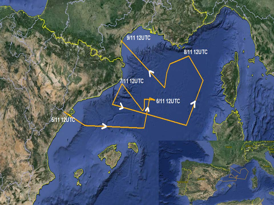 Σχήμα 6.11. Στον παραπάνω χάρτη απεικονίζεται η τροχιά του κυκλώνα από τις 5/11 12UTC (Τ+60) που βρέθηκε πάνω από τη θάλασσα, έως τις 9/11 12UTC (Τ+ 156) που πέρασε πάνω από την ξηρά.