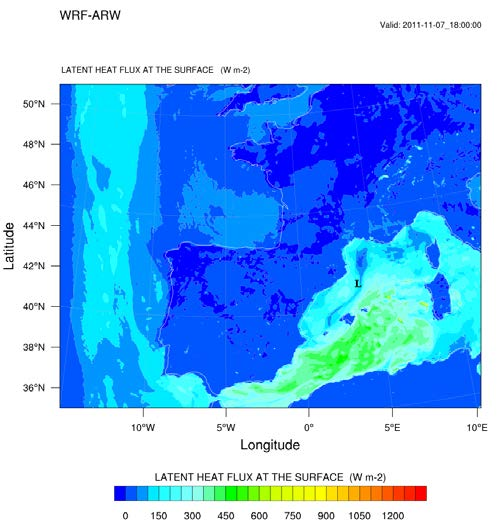 (α) (β) (γ) (δ) Σχήμα 6.24. Χάρτες των ροών λανθάνουσας θερμότητας (W/m 2 ) για τις α) 7/11 18UTC, β) 8/11 03UTC γ) 8/11 15UTC και δ) 9/11 03UTC (πείραμα ελέγχου).