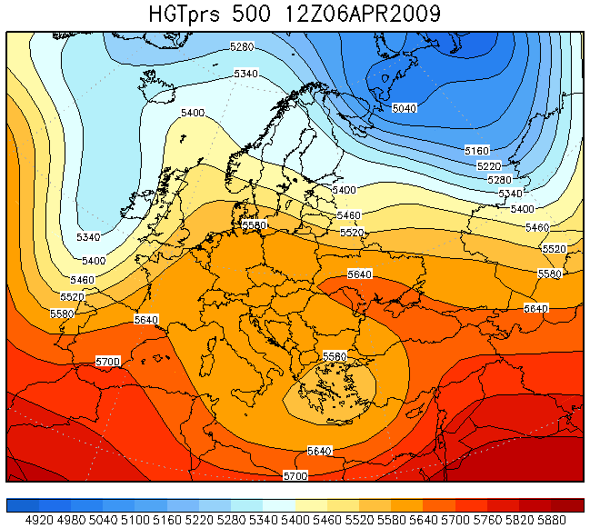 Σχήμα 5.10. Γεωδυναμικό ύψος (gpm) στο ισοβαρικό επίπεδο των 500 hpa την 6 η Απριλίου 2009 στις 12UTC.