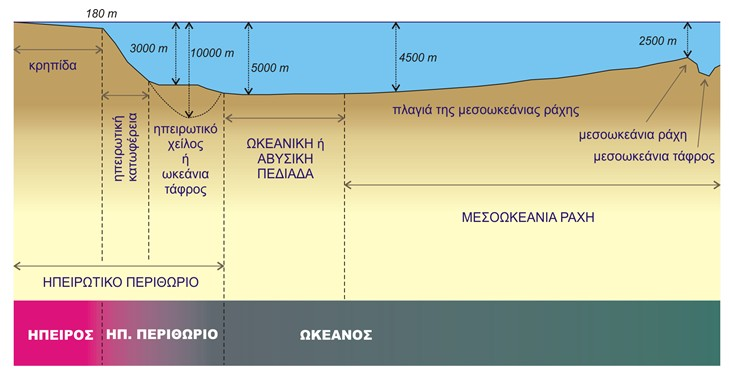 περίπου 20 φορές μεγαλύτερη (Εικόνα 2.2). Η ηπειρωτική κατωφέρεια αποκόπτεται από υποθαλάσσιες κοιλάδες (canyons), που αρχίζουν μερικές φορές από την ακτογραμμή. Το ηπειρωτικό χείλος.