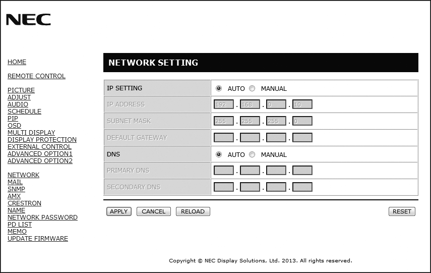 Ρύθμιση Δικτύου Κάντε κλικ στο "NETWORK" (ΔΙΚΤΥΟ) στα αριστερά του HOME (ΑΡΧΙΚΗ).