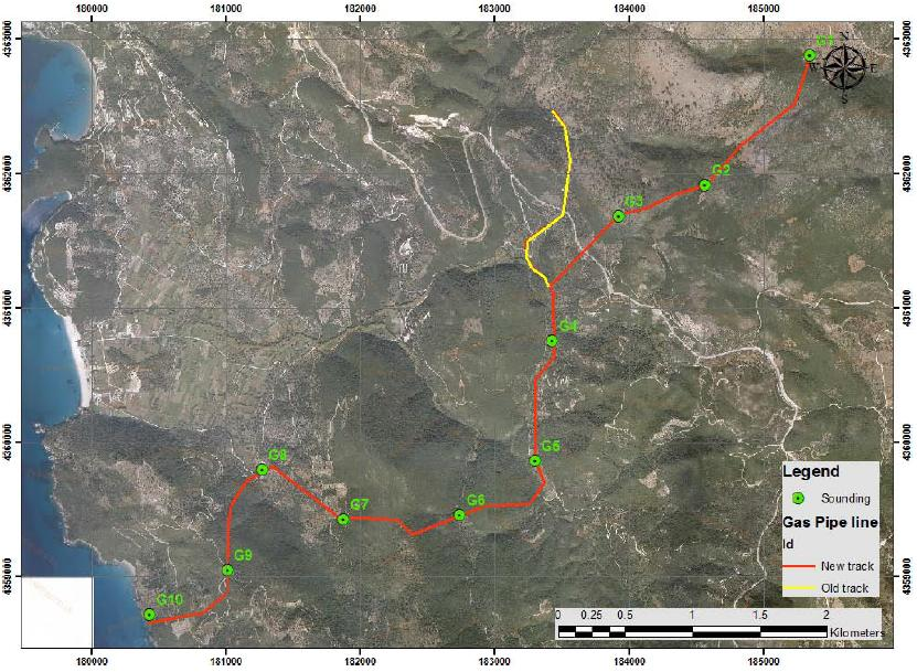 Σχήμα 5.4: Θέσεις μετρήσεων ειδικής ηλεκτρικής αντίστασης και εδαφικών δείγματων (Christaras B., 2012). Θέση G1 G2 G3 G4 G5 Πίνακας 5.9: Αποτελέσματα ηλεκτρικής διασκόπησης (από Τσόκας Γ., 2011).