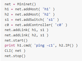 Εικόνα 12: Παράδειγμα χρήσης του αντικειμένου Mininet() High-level API: Προσθέτει την κλάση Topo (Εικόνα 13) που είναι μία γενίκευση προτύπου (template abstraction) που παρέχει τη δυνατότητα