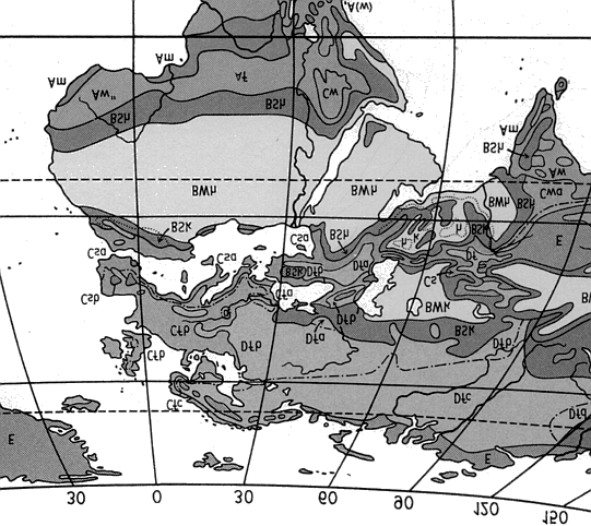 Slika 1.1: Klasifikacija klimatskih območij po Köppenu izsek iz slike po Heyer, 1963. Oznake posameznih klimatskih pasov so kombinacije po treh karakteristik.