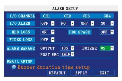 5.1 Submeniul ALARM: se pot stabili avertizari sonore pentru diferite situatii, modul de lucru pentru intrarile / iesirile de alarma.