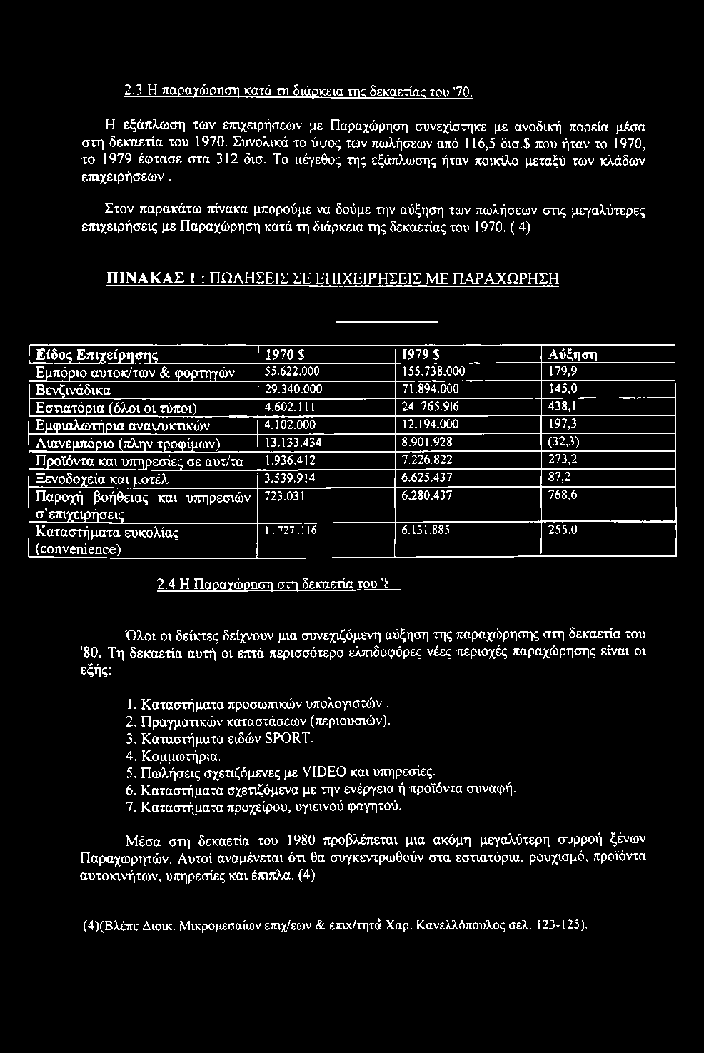 Στον παρακάτω πίνακα μπορούμε να δούμε την αύξηση των πωλήσεων στις μεγαλύτερες επιχειρήσεις με Παραχώρηση κατά τη διάρκεια της δεκαετίας του 1970.