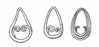 εικ. 26 Χρυσά ενώτια από Tufalau, Μυκήνες, Μοραβία (Bouzek, 1985) Από τον Ταφικό Κύκλο Β των Μυκηνών έχουμε μια περόνη με κεφαλή σε σχήμα τροχού, η οποία μοιάζει ως ένα βαθμό με αυτή