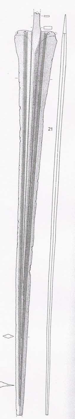 Το ξίφος από το Perşinari 12 (Dîmboviţa) είναι ένα συμπαγές βραχύ όπλο κατασκευασμένο από χρυσό και με την αιχμή της λεπίδας του σπασμένη. εικ. 17 Ξίφος από το Perşinari (Bader, 1991) εικ.