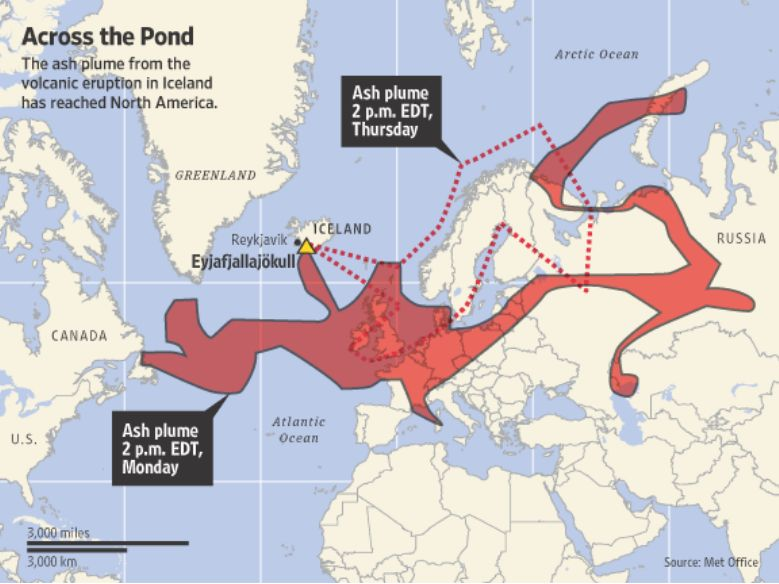 Η εξάπλωση του νέφους τέφρας όπως απεικονίζεται στον παρακάτω χάρτη οδήγησε στο κλείσιμο μεγάλου μέρους εναέριου χώρου του Ηνωμένου Βασιλείου και του Σκανδιναβικού.