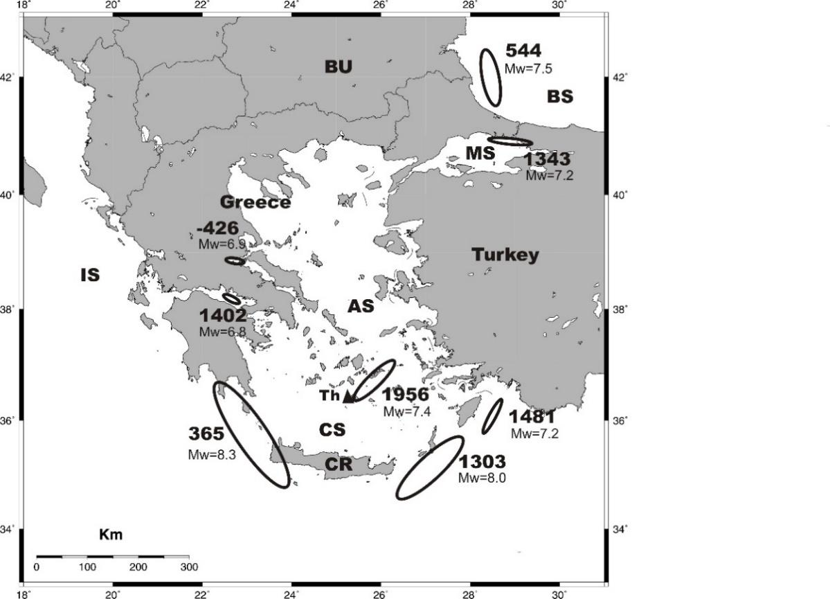 Εικόνα 1.4. Ζώνες διάρρηξης ισχυρών σεισμών που προκάλεσαν τσουνάμι στην Ελλάδα και τις γύρω περιοχές (από Papadopoulos and Papageorgiou, 2014). Μw=μέγεθος σεισμικής ροπής.