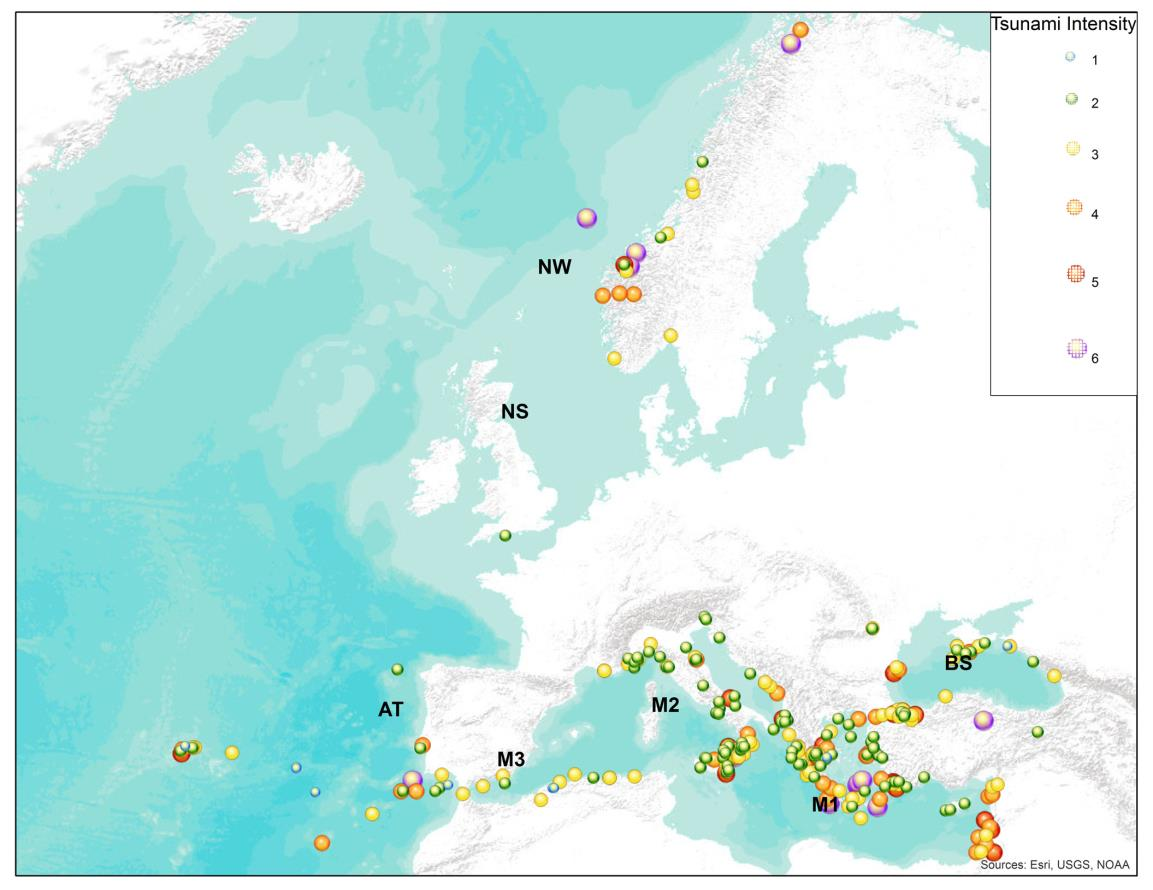Εικόνα 1.8. Γεωγραφική κατανομή των πηγών τσουνάμι στη Μεσόγειο και την Ευρώπη (από Maramai et al. 2014). Το τσουνάμι που προκλήθηκε από το μεγάλο σεισμό (Μ=9,3) της Σουμάτρας στις 26.12.