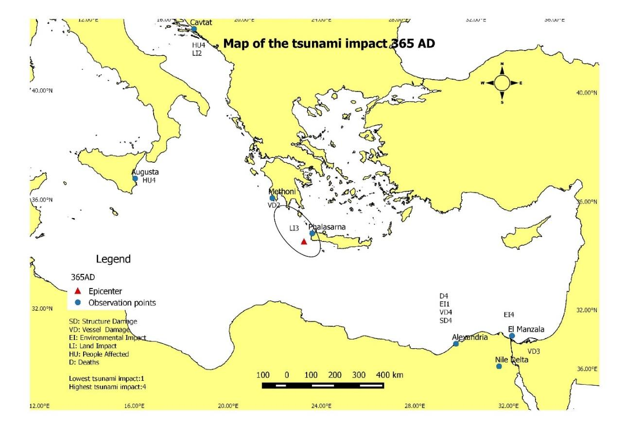 Εικόνα 3.7. Χάρτης των επιπτώσεων του τσουνάμι του 365 μ.χ. στη Μεσόγειο (παρούσα εργασία). Τα στοιχεία έχουν παρθεί από τις βάσεις δεδομένων και τη βιβλιογραφία που αναφέρονται στο Κεφ. 2.