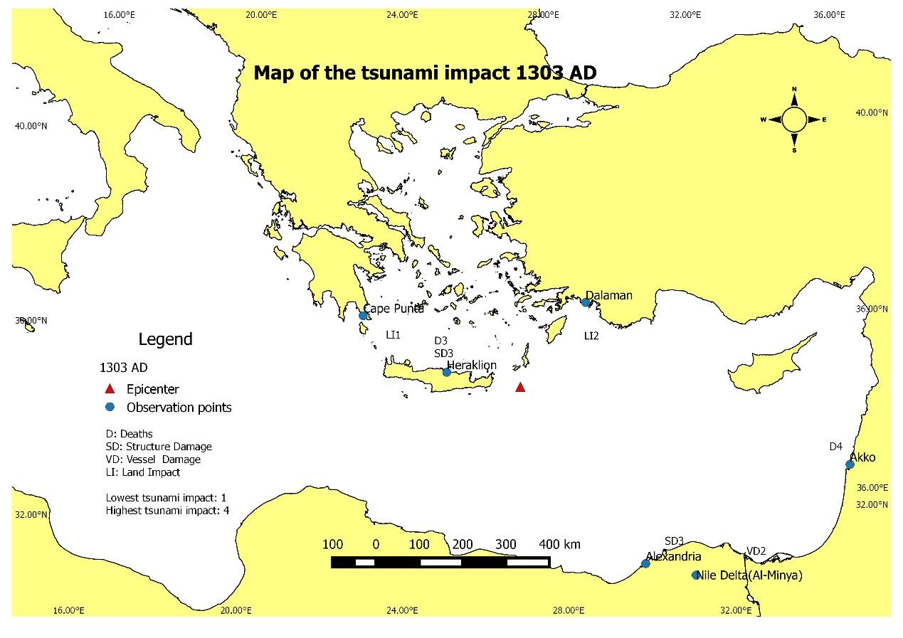 ογκόλιθοι μεταφέρθηκαν από το παράκτιο περιβάλλον με τη δράση θαλάσσιων κυμάτων υψηλής ενέργειας, πιθανώς από το τσουνάμι του 1303.