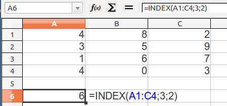 INDEX μορφή κελιού =INDEX(A1:C4;3;2) Επεξήγηση Ορίζεται η περιοχή κελιών A1:C4.