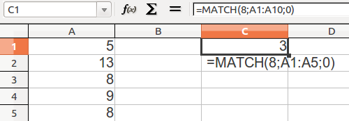 MATCH 0 =MATCH(8;A1:A10;0) Επεξήγηση Αναζήτηση της τιμής 8 στον πίνακα τιμών A1:A10. Τρίτο όρισμα 0: ακριβές ταίριασμα σε μη ταξινομημένη λίστα τιμών.