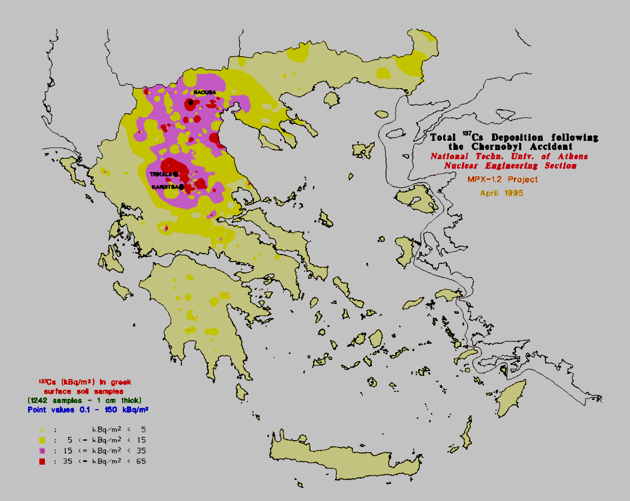 Σχήμα.1. Συνολική απόθεση 137 Cs στην ελληνική επικράτεια, μετά το ατύχημα του Chernobyl [Simopoulos (1989)].
