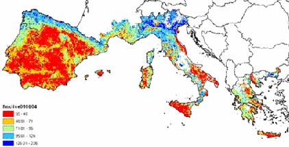 Εικόνα 1. Εκτίμηση της περιεχόμενης υγρασίας της ζωντανής βλάστησης των Ευρω- μεσογειακών χωρών με μεθόδους τηλεπισκόπησης (10 Αυγούστου, 2004).