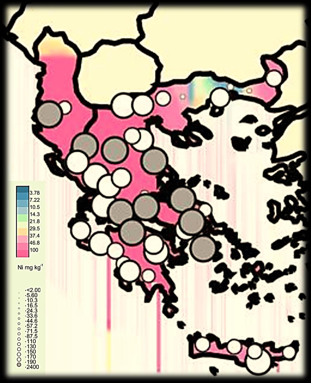 Σχήμα 1.2.2 Συγκεντρώσεις του Ni που έχουν μετρηθεί στο έδαφος της Ελλάδας (http://weppi.gtk.