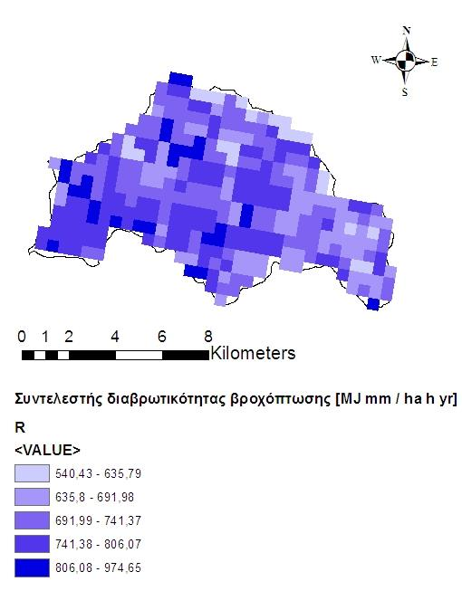 Για τις μετρήσεις επί ελληνικού εδάφους οι τιμές του συντελεστή κυμαίνονται μεταξύ 152.0-2728.5 MJ mm ha 1 h 1 yr -1.