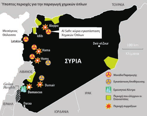 Πιθανές θέσεις εργοστασίων και αποθηκών χημικών όπλων στη Συρία Πηγή: Κέντρο Μη Διάδοσης Όπλων Μαζικής Καταστροφής «James Martin» μετρικούς τόνους χημικών.
