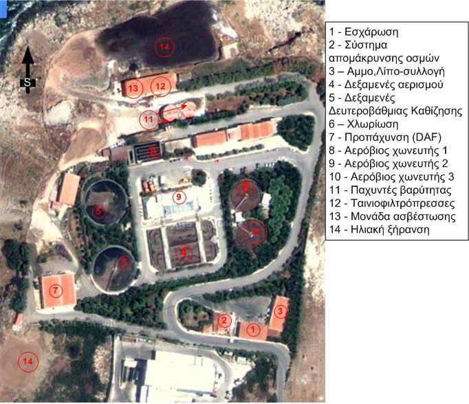 Εικόνα 1: Αεροφωτογραφία της ΕΕΛ Ρεθύμνου μέσω Google maps και οι διάφορες διεργασίες της μονάδας Στον αρχικό σχεδιασμό της εγκατάστασης υπήρχε και η διεργασία της πρωτοβάθμιας καθίζησης σε δύο
