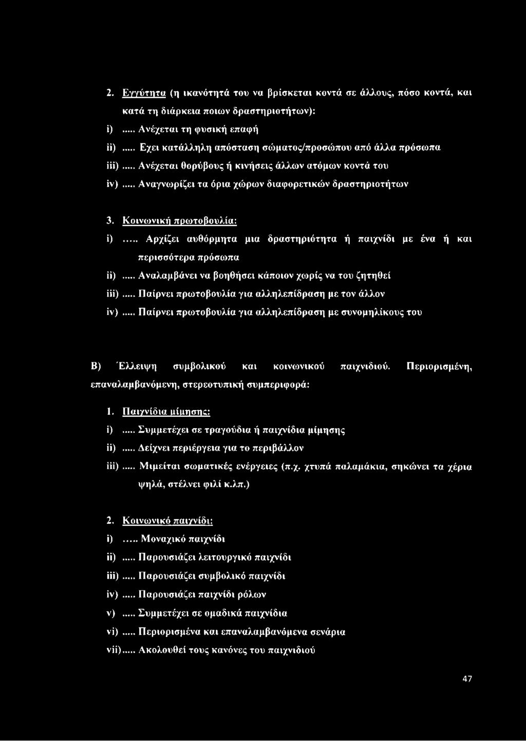 Κοινωνική πρωτοβουλία: ί)... Αρχίζει αυθόρμητα μια δραστηριότητα ή παιχνίδι με ένα ή και περισσότερα πρόσωπα ΐί)... Αναλαμβάνει να βοηθήσει κάποιον χωρίς να του ζητηθεί ίίί).