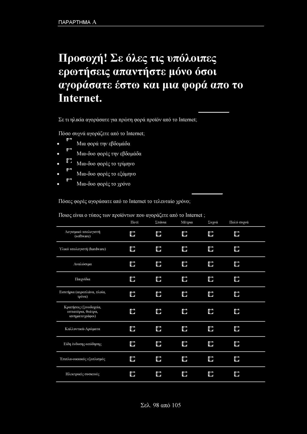 C Ώ Ώ Ώ Υλικό υπολογιστή (hardware) C C Ώ Ώ Ώ Αναλώσιμα Π Π Π Π Π Παιχνίδια π π Π Π Π Εισιτήρια (αεροπλάνα, πλοία, τρένα) Ώ Ώ C Ώ Ώ Κρατήσεις