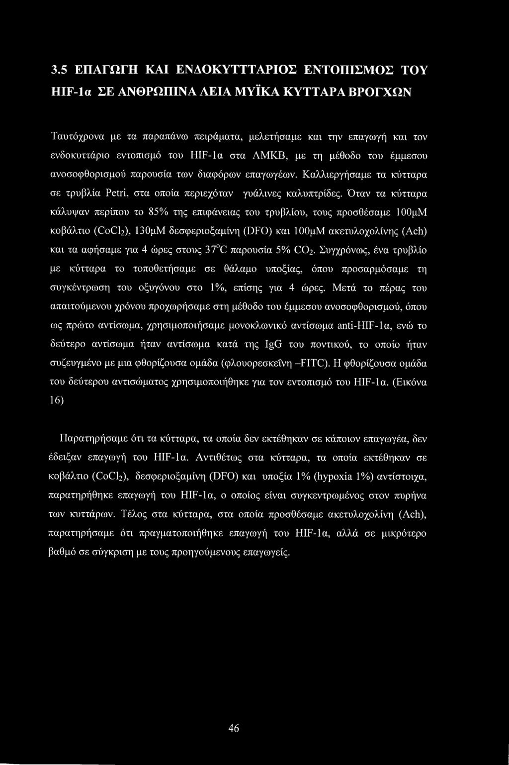 Όταν τα κύτταρα κάλυψαν περίπου το 85% της επιφάνειας του τρυβλίου, τους προσθέσαμε ΙΟΟμΜ κοβάλτιο (C0CI2), 130μΜ δεσφεριοξαμίνη (DFO) και ΙΟΟμΜ ακετυλοχολίνης (Ach) και τα αφήσαμε για 4 ώρες στους
