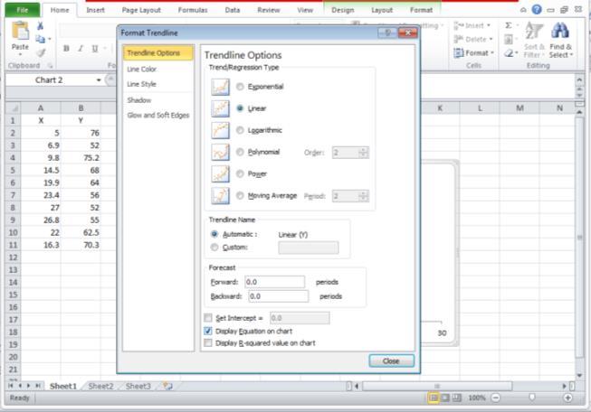 Στο παράκυρο που ανοίγει, κάνουμε τισ επιλογζσ Linear (Γραμμική) και Display Εquation on chart (Προβολή Εξίςωςησ ςτο διάγραμμα).