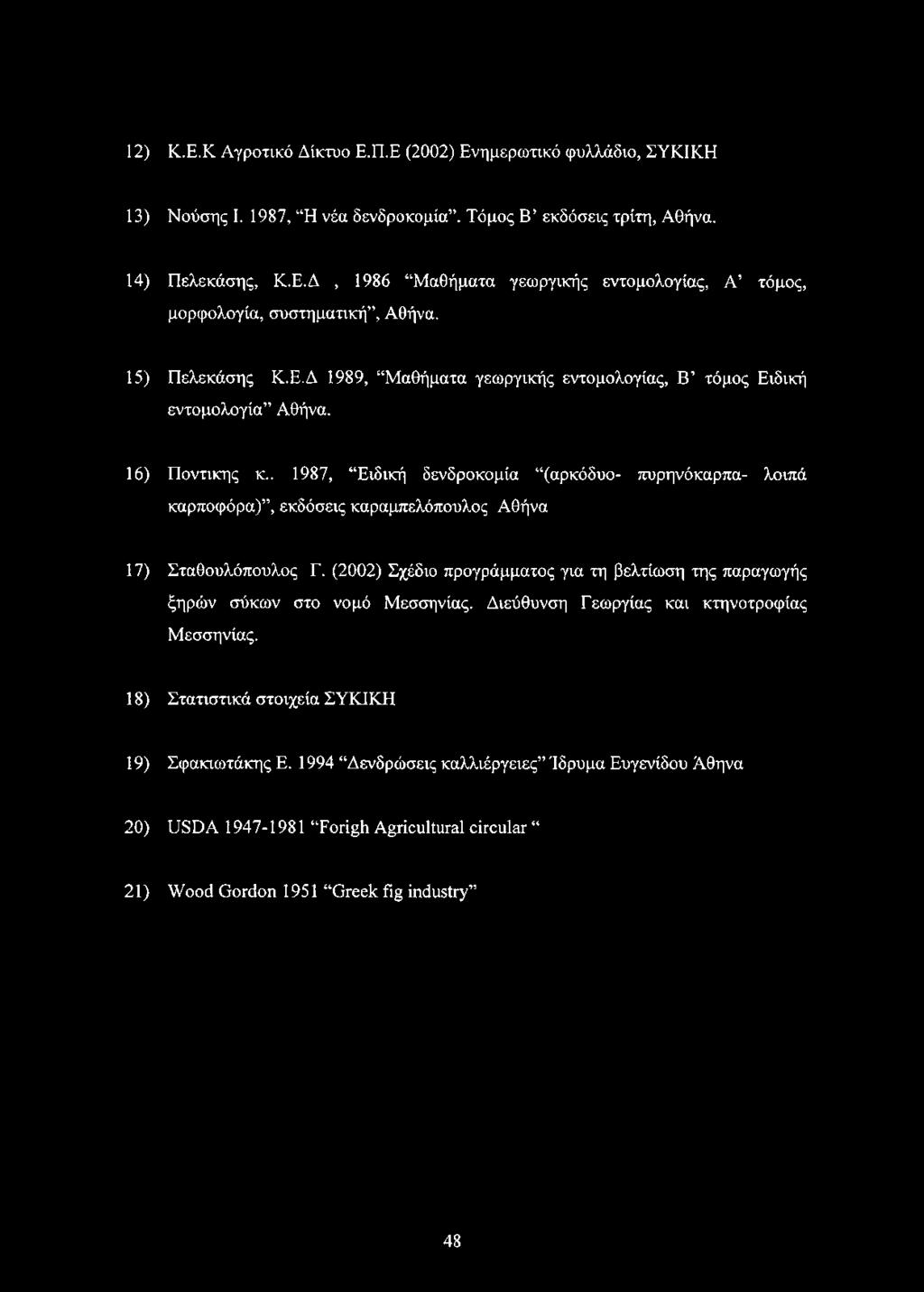 . 1987, Ειδική δενδροκομία (αρκόδυο- πυρηνόκαρπα- λοιπά καρποφόρα), εκδόσεις καραμπελόπουλος Αθήνα 17) Σταθουλόπουλος Γ.