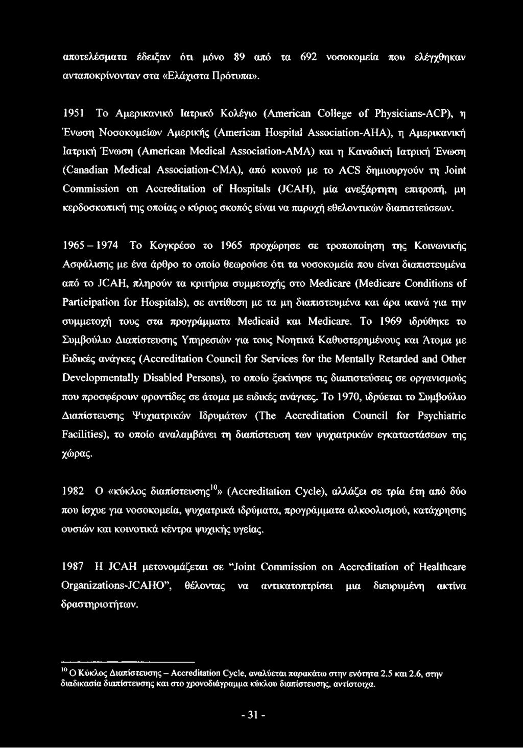 Association-AMA) και η Καναδική Ιατρική Ένωση (Canadian Medical Association-CMA), από κοινού με το ACS δημιουργούν τη Joint Commission on Accréditation of Hospitals (JCAH), μία ανεξάρτητη επιτροπή,