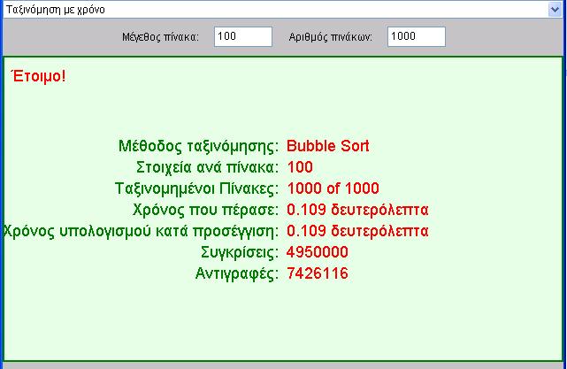 Αν τον χρόνο αυτό τον διαιρέσουµε µε το πλήθος των πινάκων θα βρούµε τον χρόνο ταξινόµησης του ενός πίνακα.