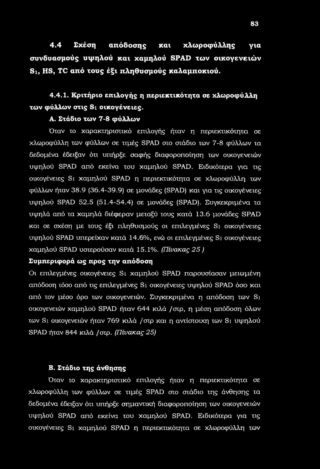 Στάδιο των 7-8 φύλλων Όταν το χαρακτηριστικό επιλογής ήταν η περιεκτικότητα σε χλωροφύλλη των φύλλων σε τιμές SPAD στο στάδιο των 7-8 φύλλων τα δεδομένα έδειξαν ότι υπήρξε σαφής διαφοροποίηση των